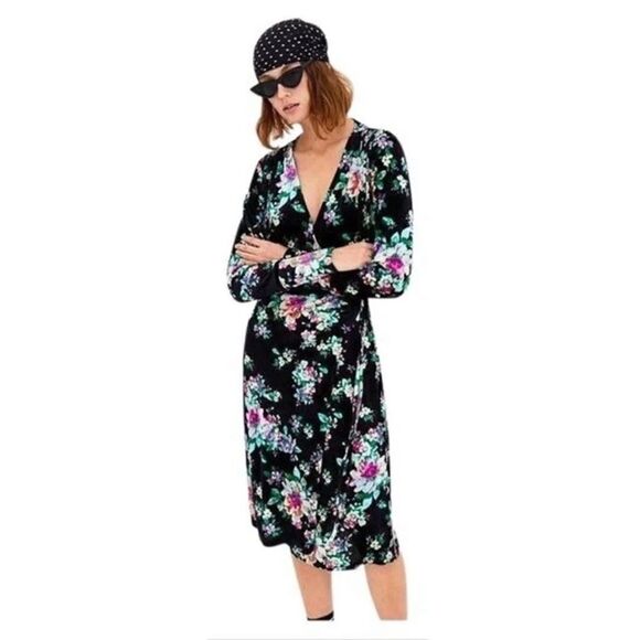 New ZARA Floral-Print Velvet Wrap Midi Dress Small - Picture 1 of 15